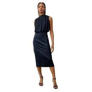 LILYSILK Pleated Sleeveless Silk Midi Dress  Navy Blue NWT NWD Size 14 Mulberry